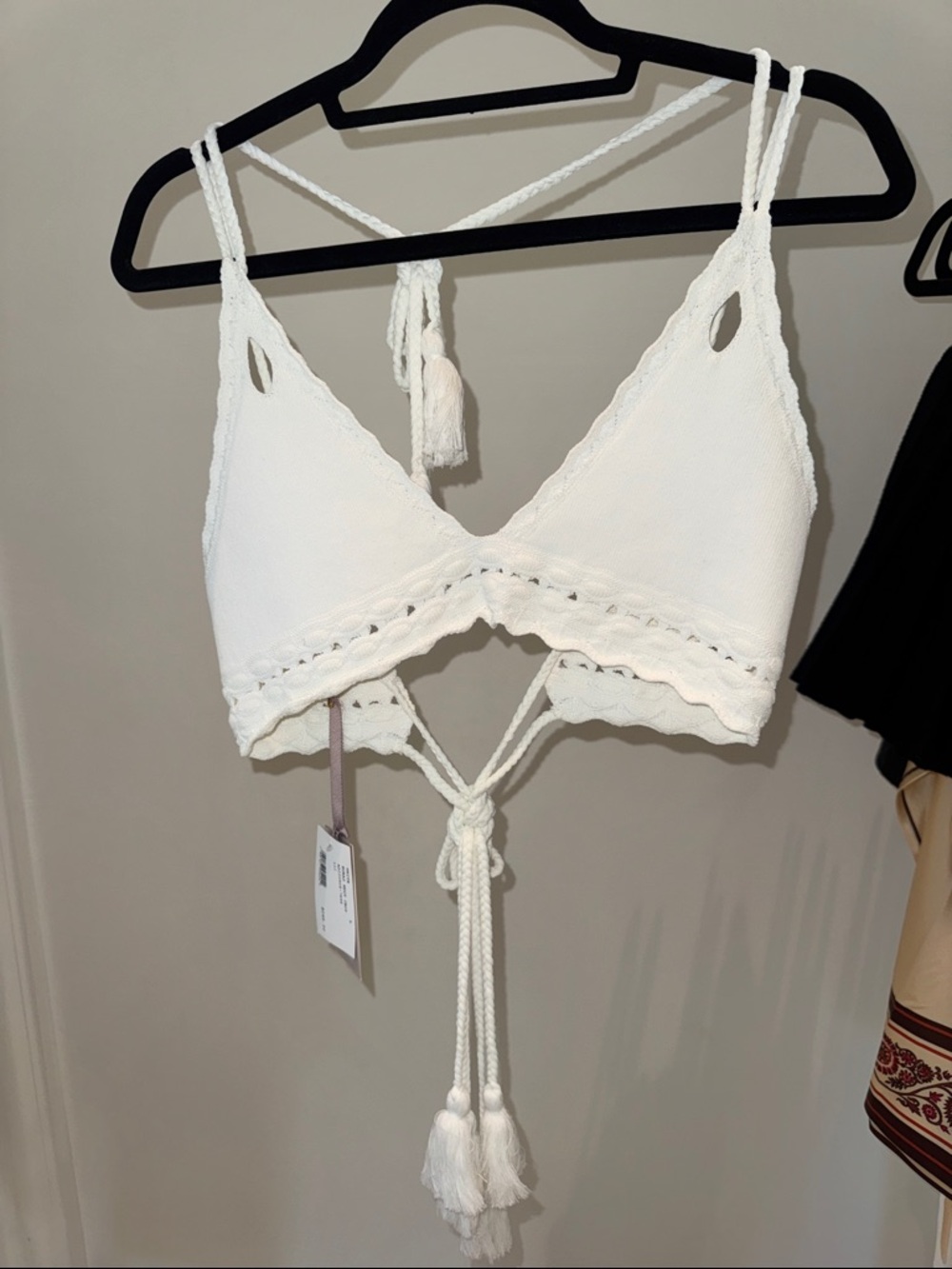 Alexis White Crochet Tie-Back Bralette with Tassels